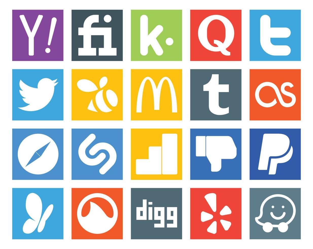 paquete de 20 iconos de redes sociales que incluye paypal google analytics swarm shazam safari vector