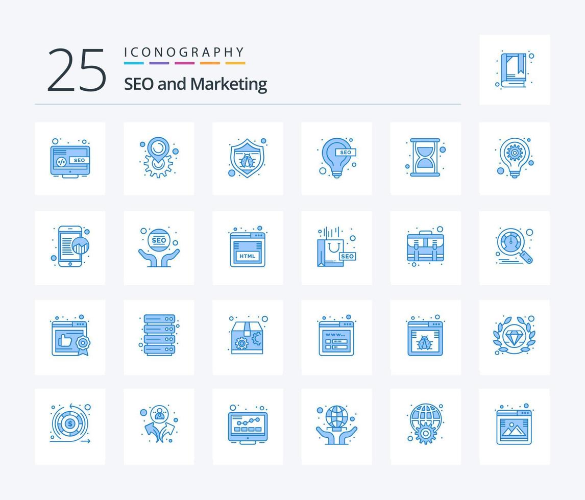 seo 25 paquete de iconos de color azul que incluye seo. SEO proteccion. lámpara. bulbo vector