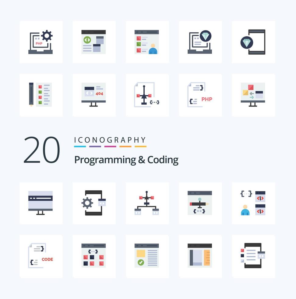 20 Programming And Coding Flat Color icon Pack like coding app development laptop develop vector