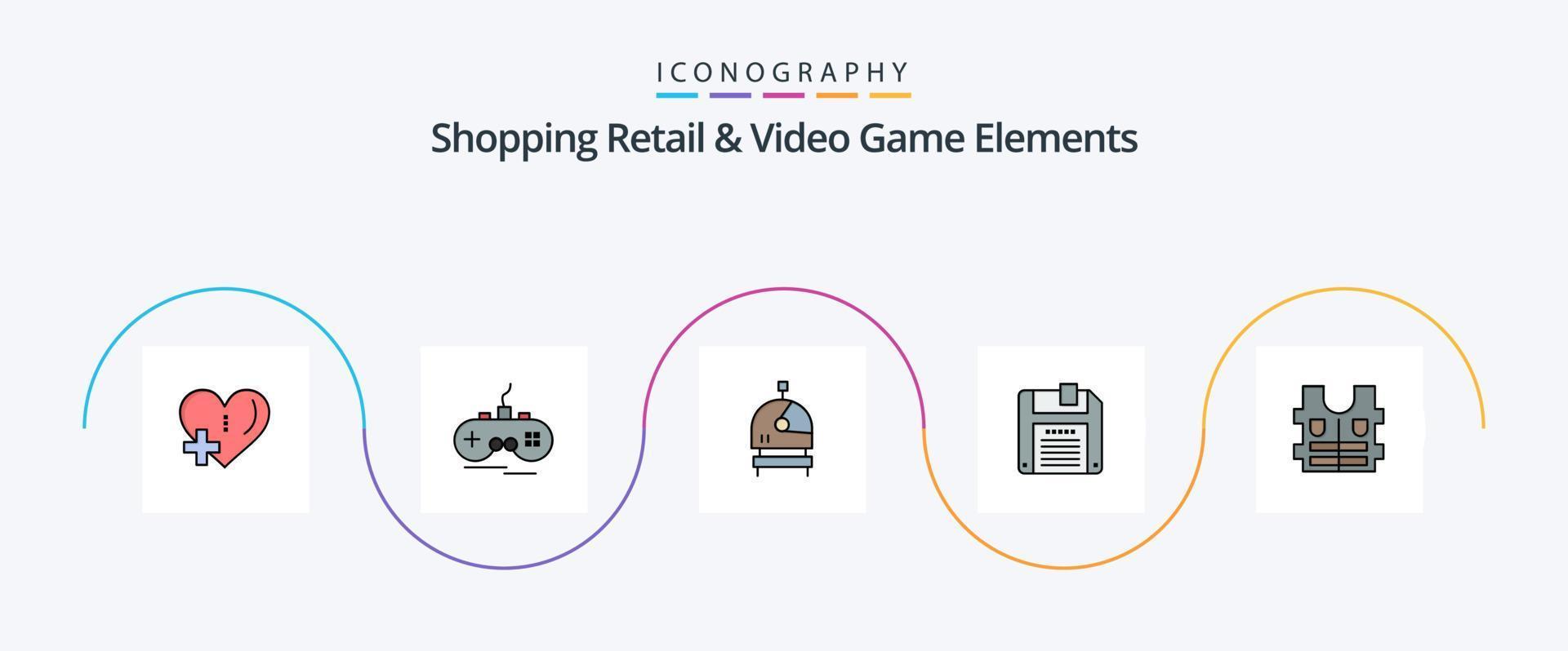 Shoping Retail And Video Game Elements Line Filled Flat 5 Icon Pack Including . life. astronaut. jacket. diskette vector