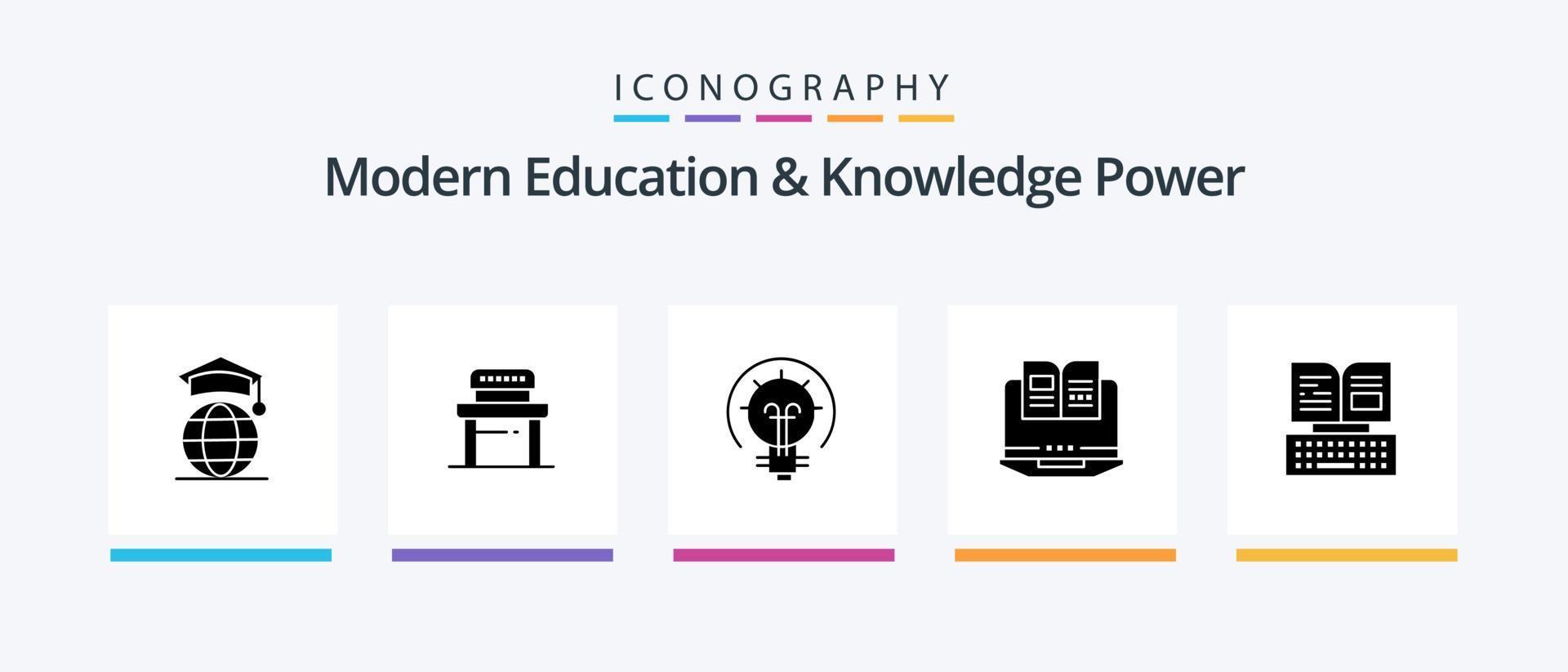 paquete de iconos de glifo 5 de educación y conocimiento moderno que incluye teclado. hardware. bulbo. libro. computadora portátil. diseño de iconos creativos vector