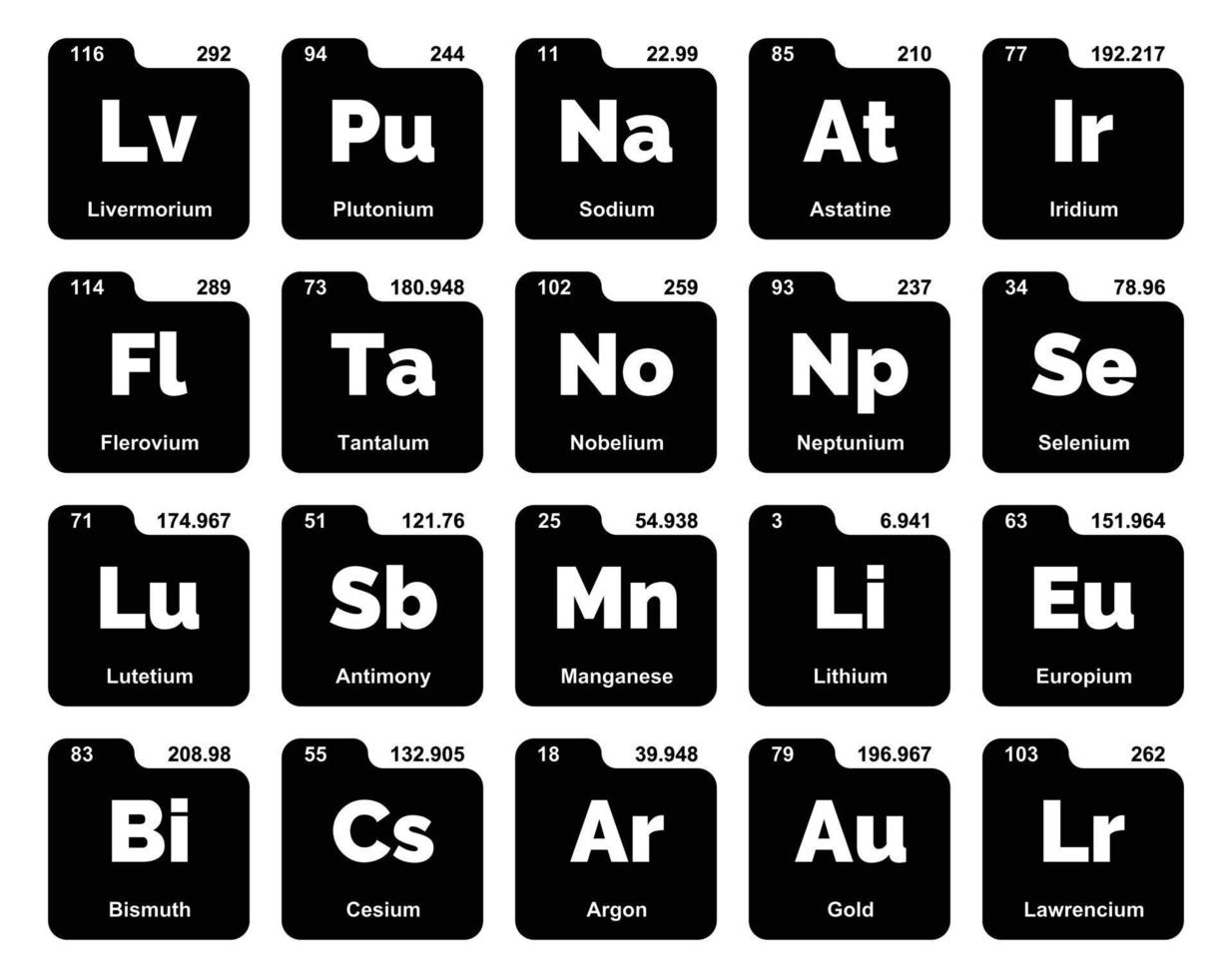 diseño de paquete de iconos de 20 tablas preiodicas de los elementos vector