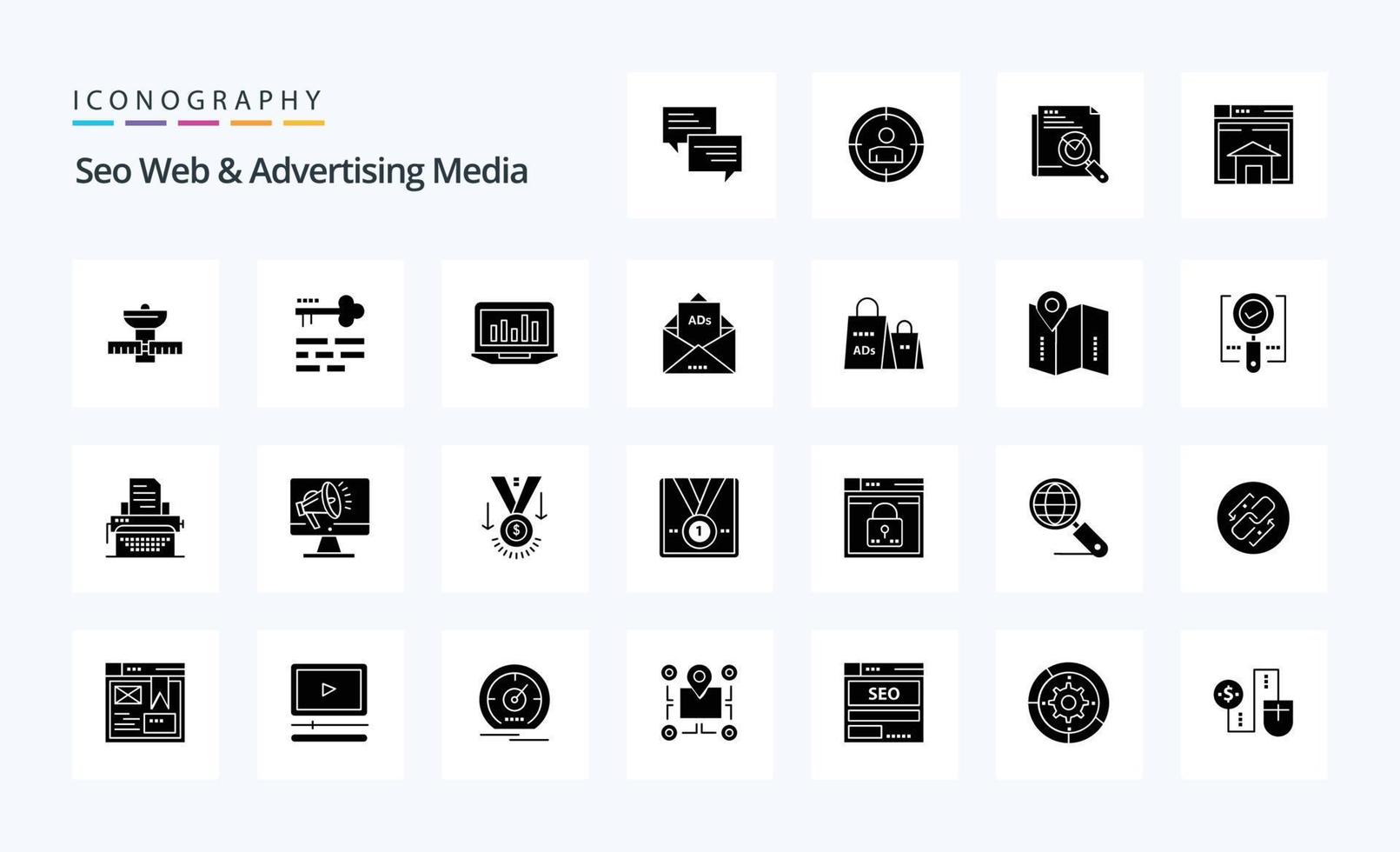 25 Seo Web And Advertising Media Solid Glyph icon pack vector