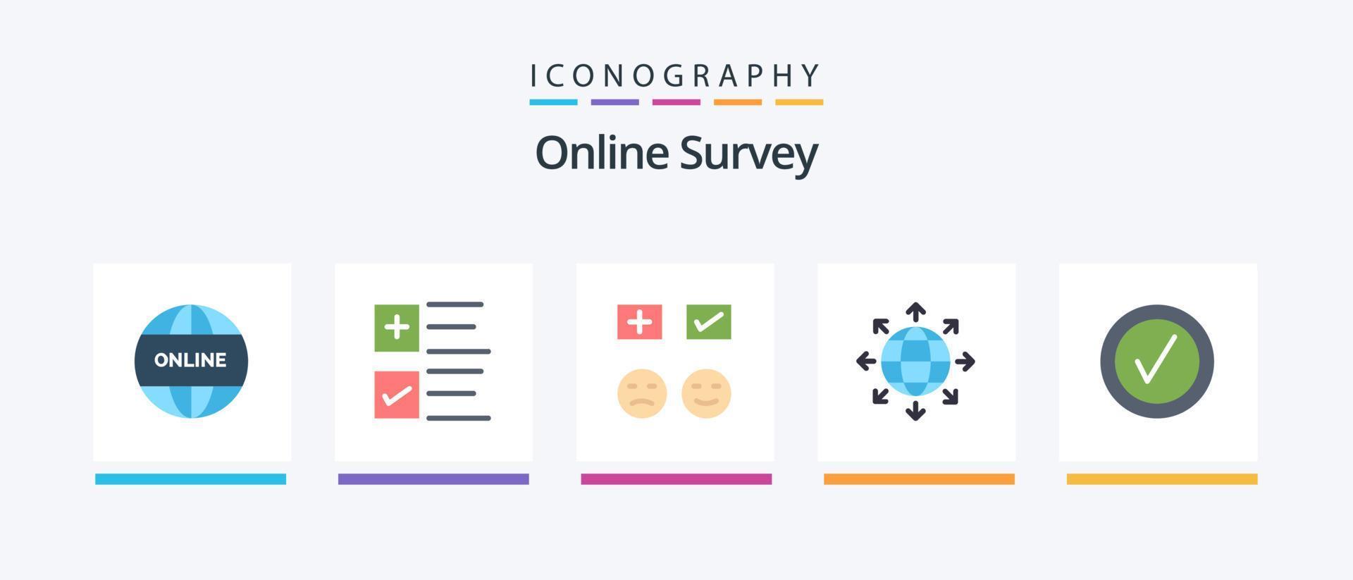 Online Survey Flat 5 Icon Pack Including checked. network. emojis. global. add. Creative Icons Design vector