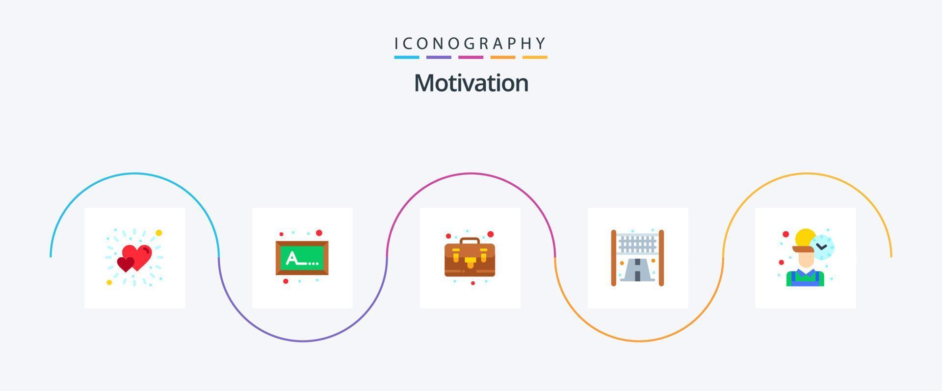 paquete de iconos de 5 planos de motivación que incluye . tiempo. maletín. oficina. deporte vector