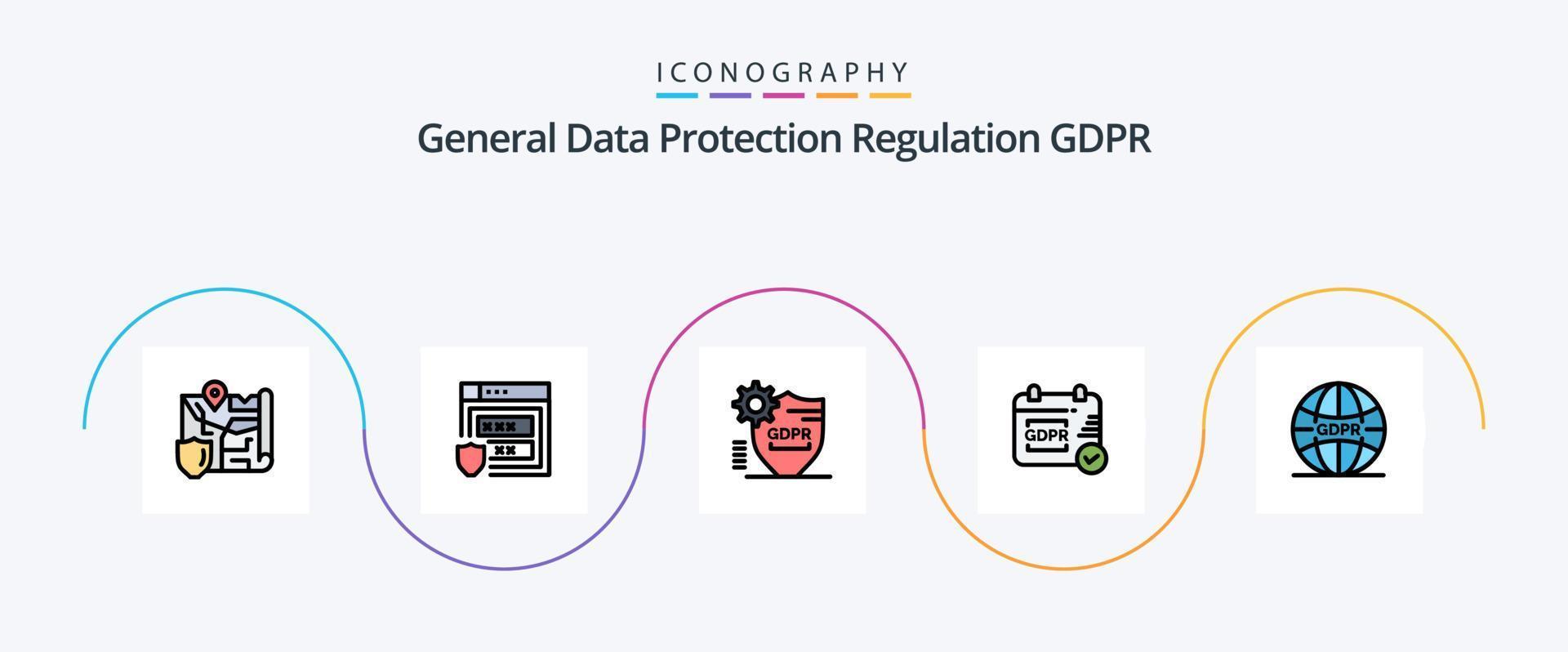 Gdpr Line Filled Flat 5 Icon Pack Including global. calendar. gdpr. security. security vector