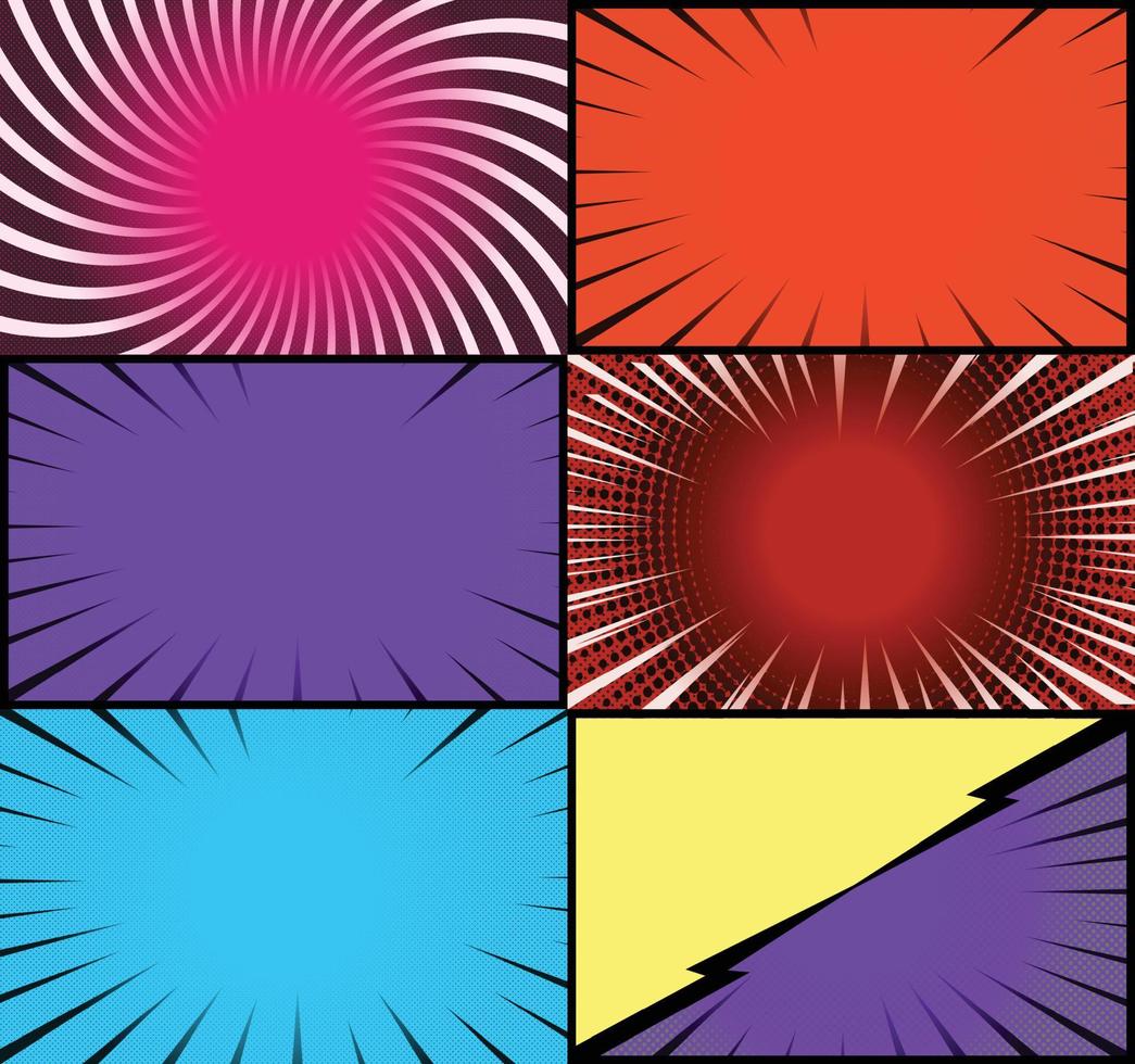 Comic book colorful frames background with halftone rays radial and dotted effects pop art style vector