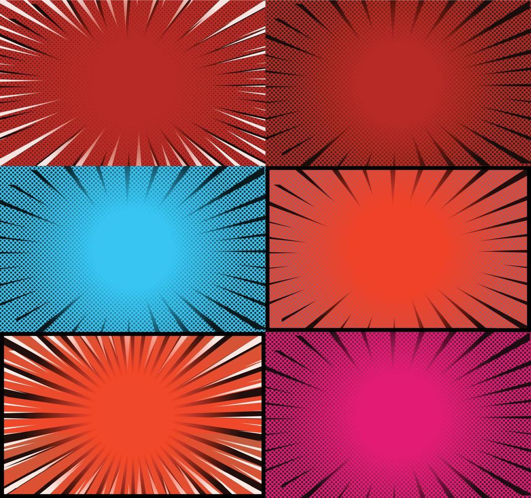 Comic book colorful frames background with halftone rays radial and dotted effects pop art style vector