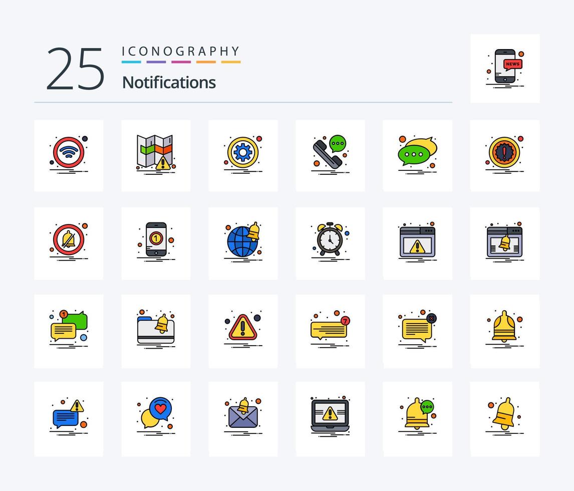 paquete de iconos llenos de 25 líneas de notificaciones que incluye mensaje. charlar. engranaje. SMS. mensaje vector