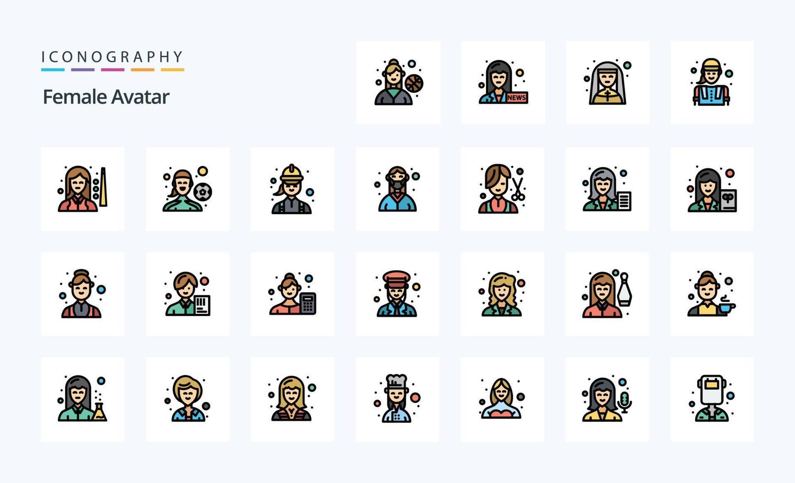 paquete de iconos de estilo lleno de línea de avatar femenino de 25 vector