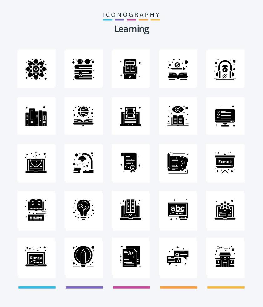 Creative Learning 25 Glyph Solid Black icon pack  Such As headphone. money. book. dollar. book vector