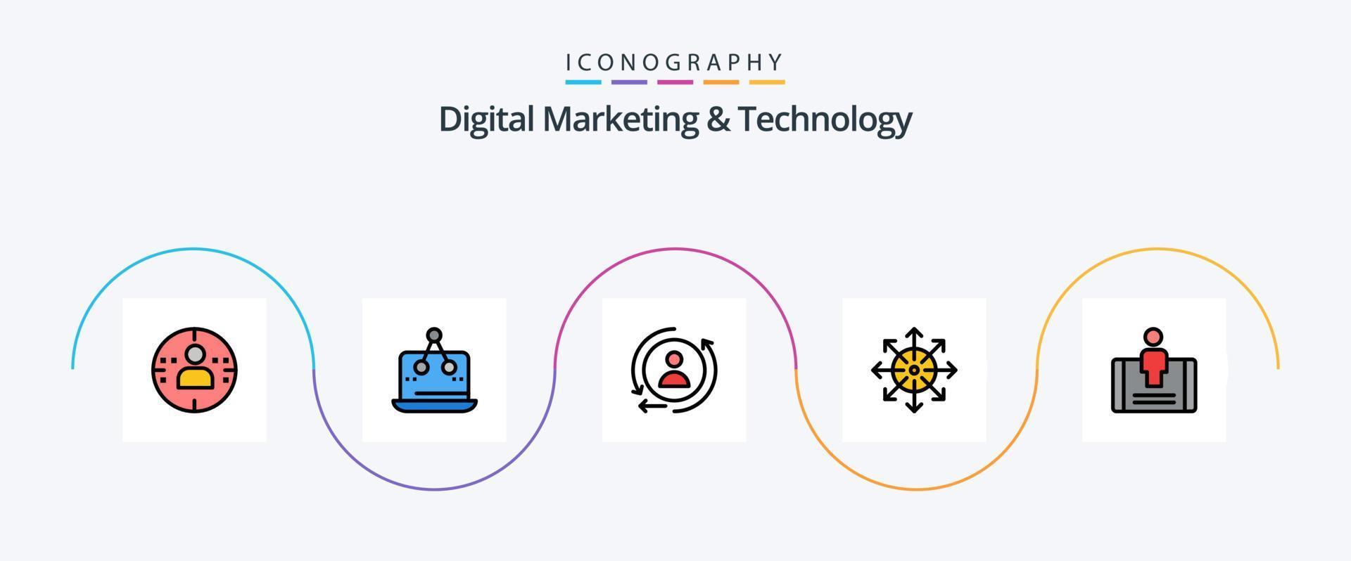 La línea de marketing digital y tecnología llenó el paquete de iconos planos 5 que incluye compromiso. plataforma. digital. noticias. publicidad vector