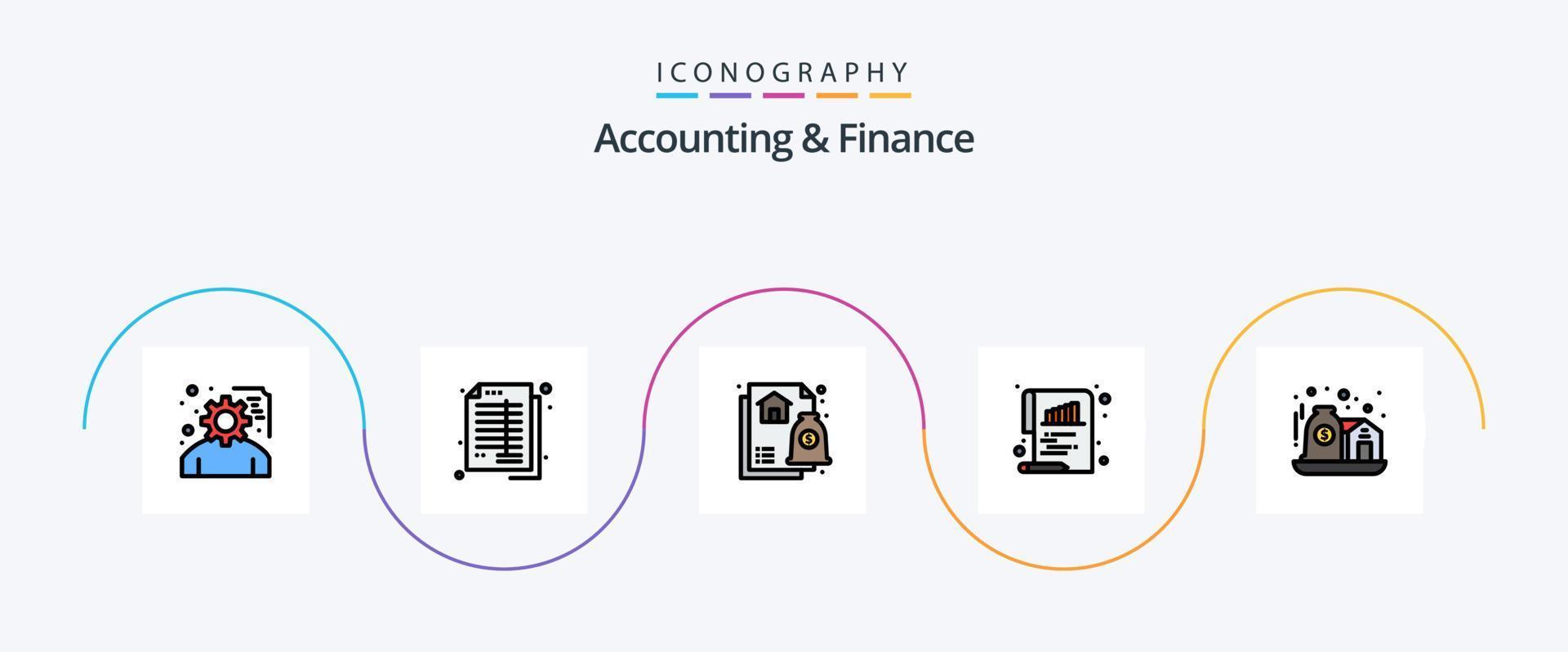 la línea de contabilidad y finanzas llenó el paquete de iconos planos 5 que incluye activos. documento. teneduría de libros. cuadro. hipoteca vector