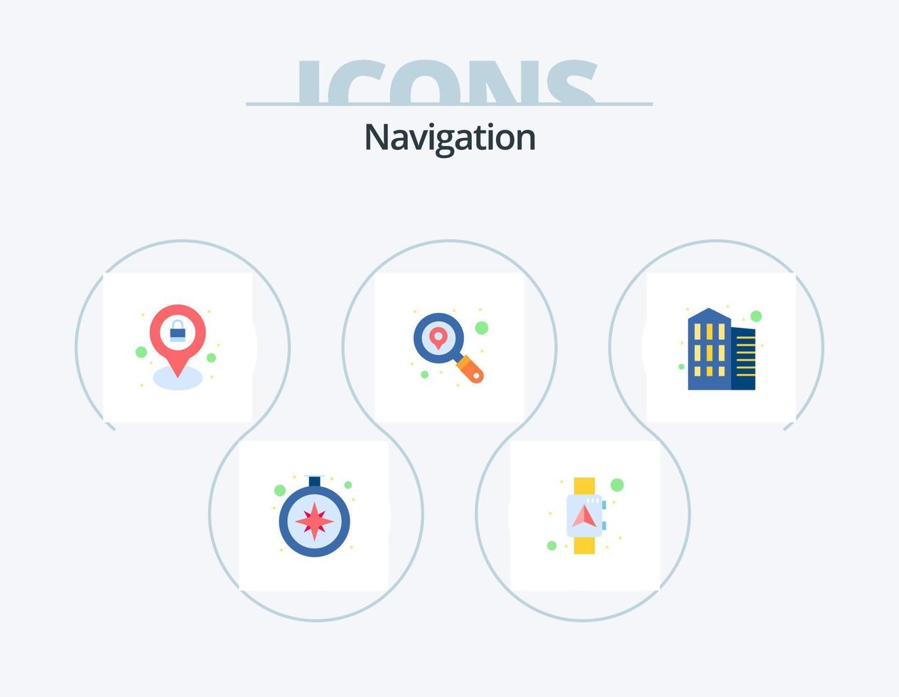 Navigation Flat Icon Pack 5 Icon Design. building. search. smart. location. lock vector