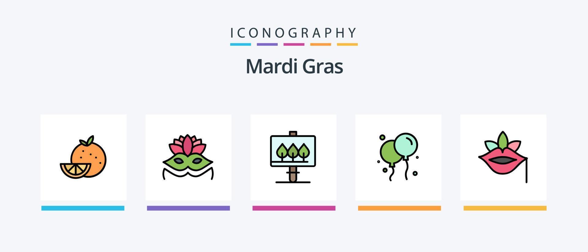 la línea de mardi gras llenó el paquete de 5 íconos, incluido el rey. mejor. alimento. vino. beber. diseño de iconos creativos vector