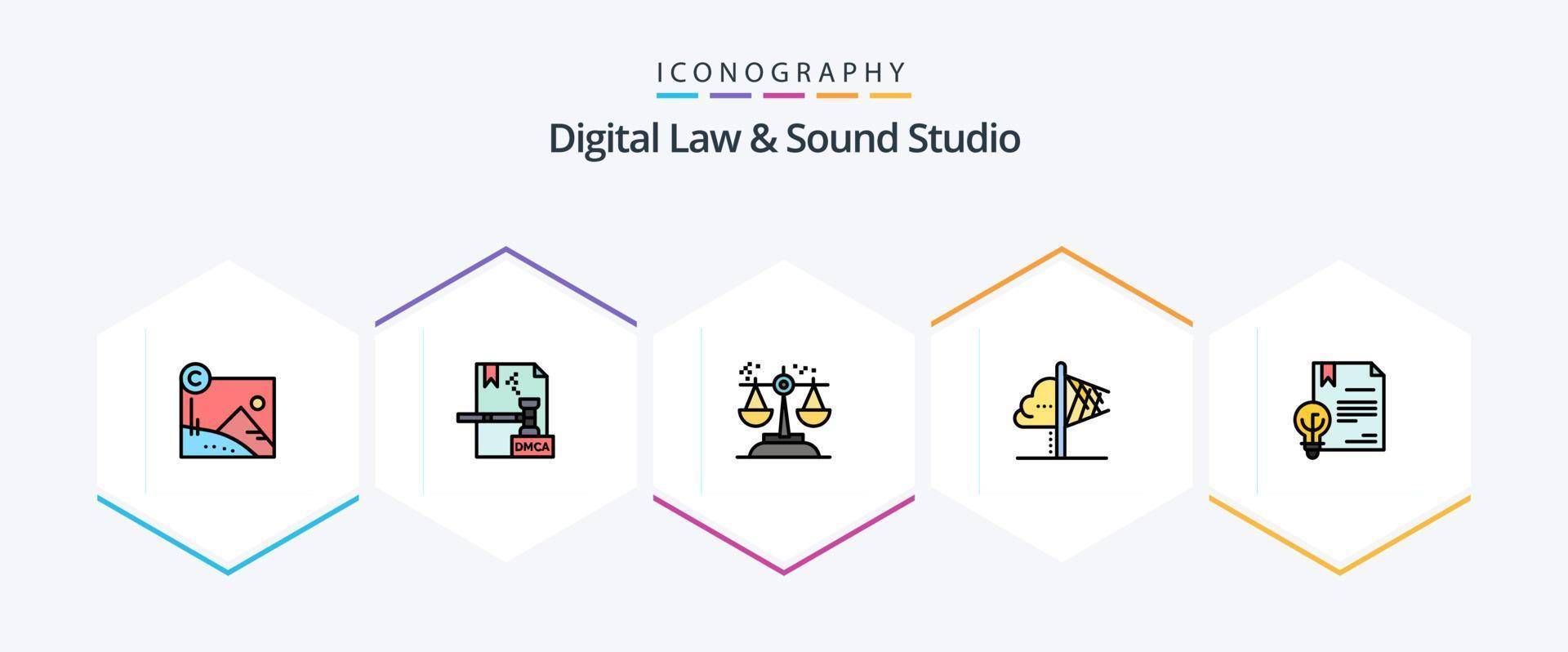 Digital Law And Sound Studio 25 FilledLine icon pack including insight. idea. file. creativity. judgment vector