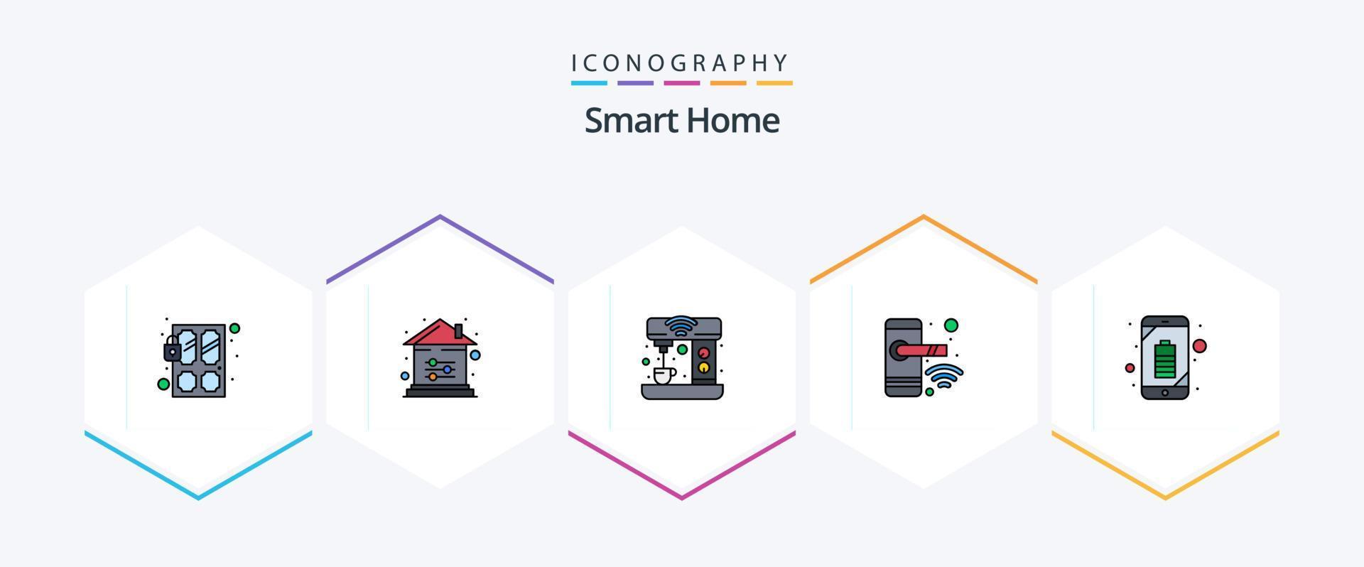 Smart Home 25 FilledLine icon pack including lock. door. setting. kitchen. drink vector