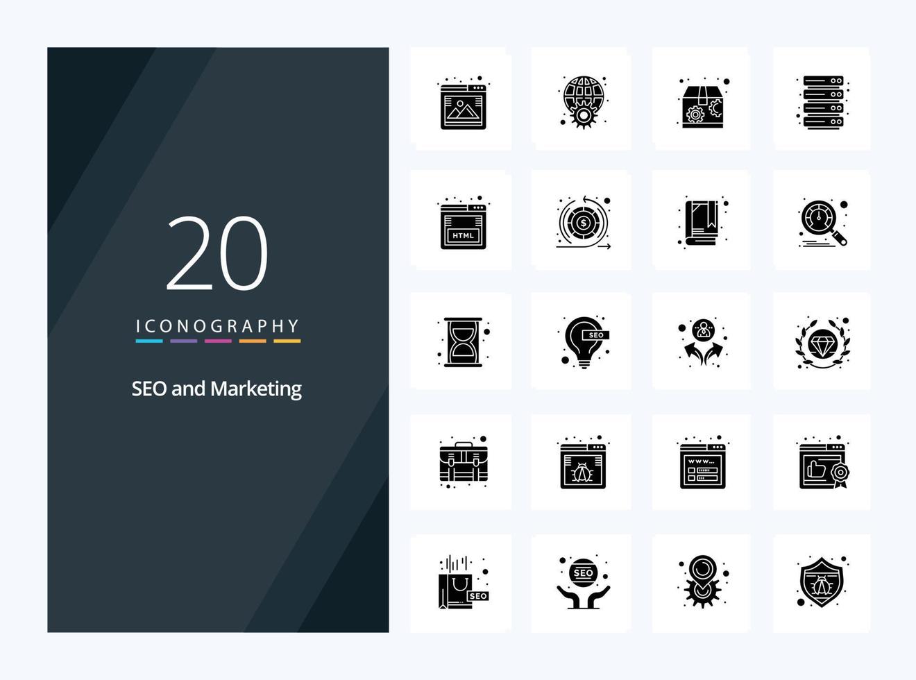 20 seo icono de glifo sólido para presentación vector