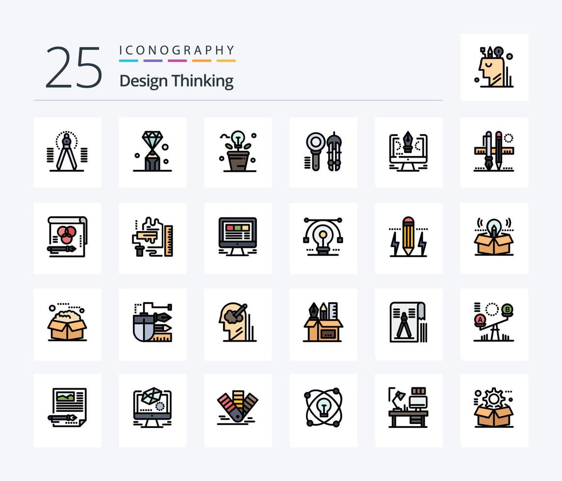 Design Thinking paquete de iconos rellenos de 25 líneas que incluye diseño. planta. bolígrafo. luz. fresco vector