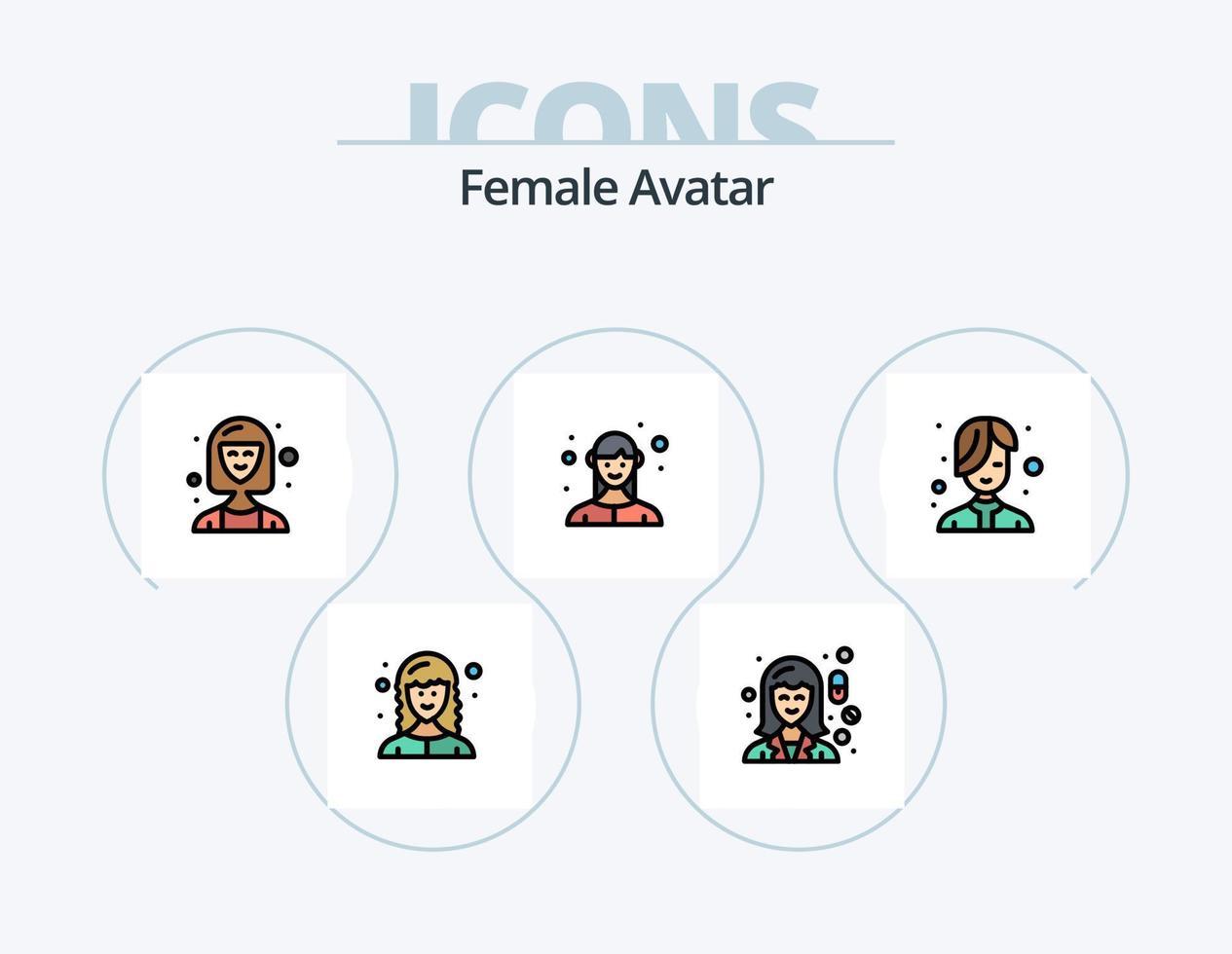línea de avatar femenino lleno de icono paquete 5 diseño de icono. planificador. gerente. químico. evento. mujer vector