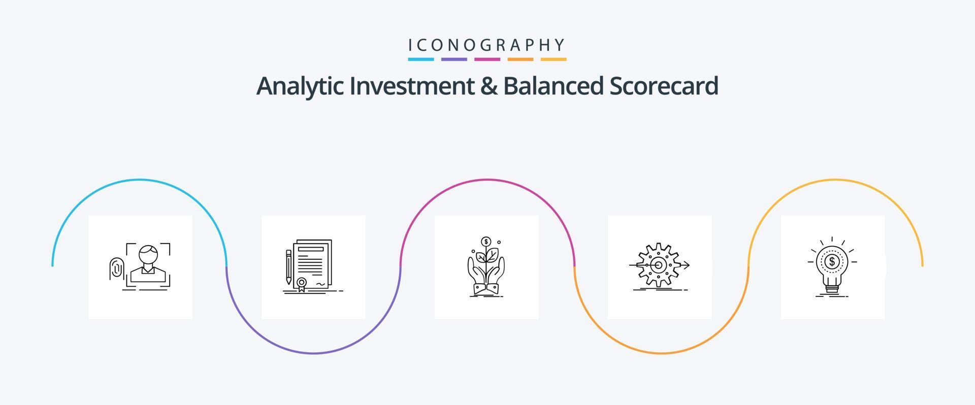 Analytic Investment And Balanced Scorecard Line 5 Icon Pack Including work. performance. degree. rise. growth vector