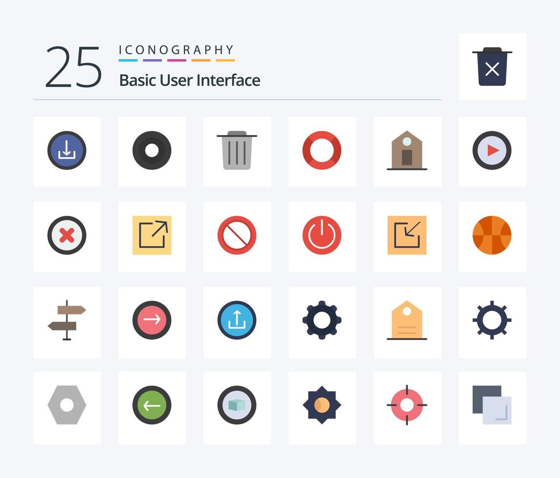 Basic 25 Flat Color icon pack including price. ux. delete. ui. essential vector