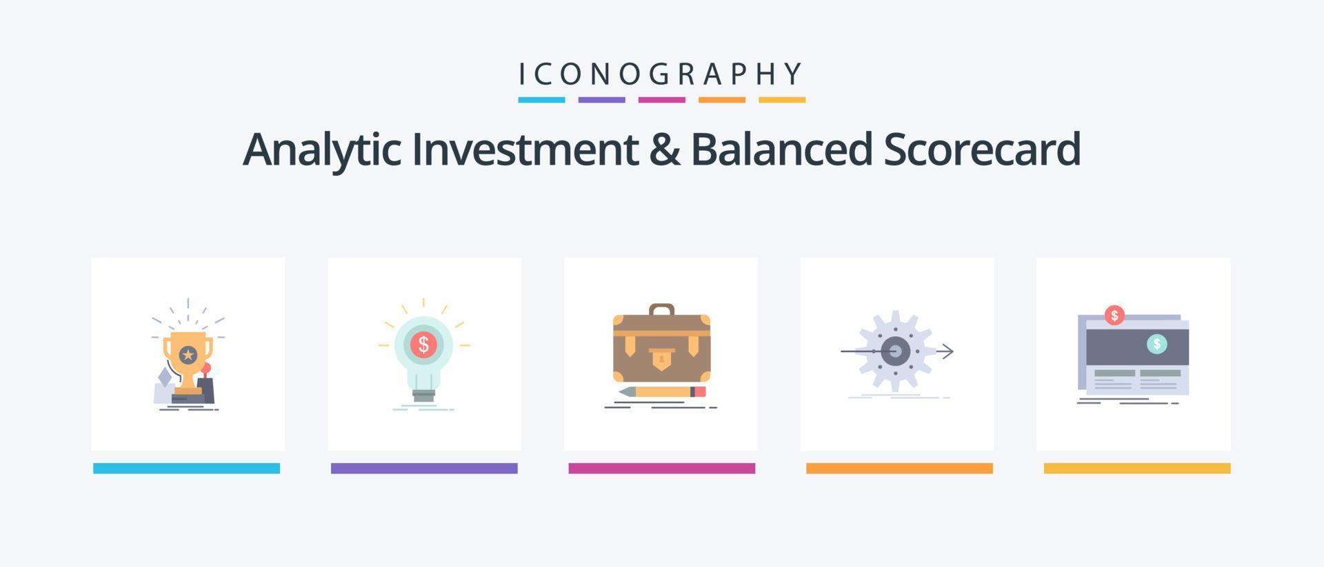 Analytic Investment And Balanced Scorecard Flat 5 Icon Pack Including work. performance. money. portfolio. financial. Creative Icons Design vector