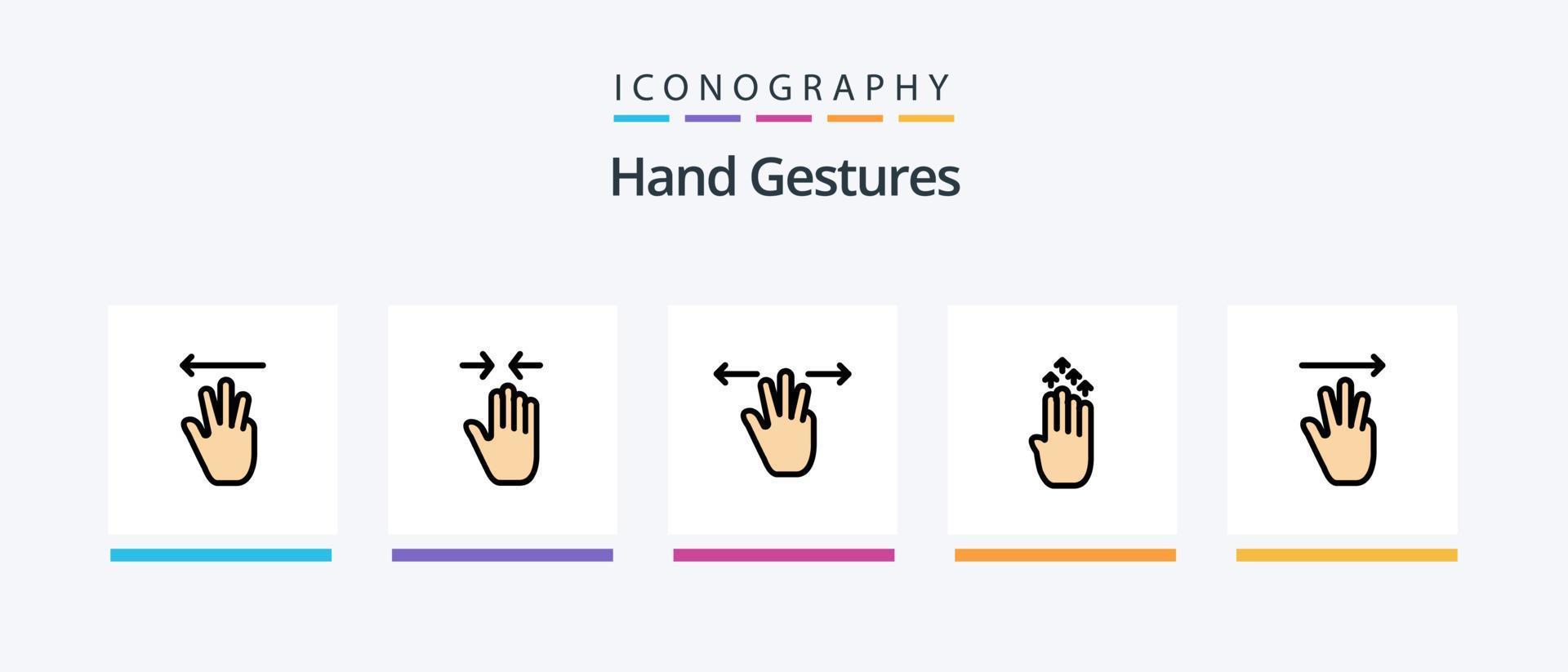 la línea de gestos con las manos llenó el paquete de 5 íconos, incluido el dedo. móvil. abajo. mano. izquierda. diseño de iconos creativos vector