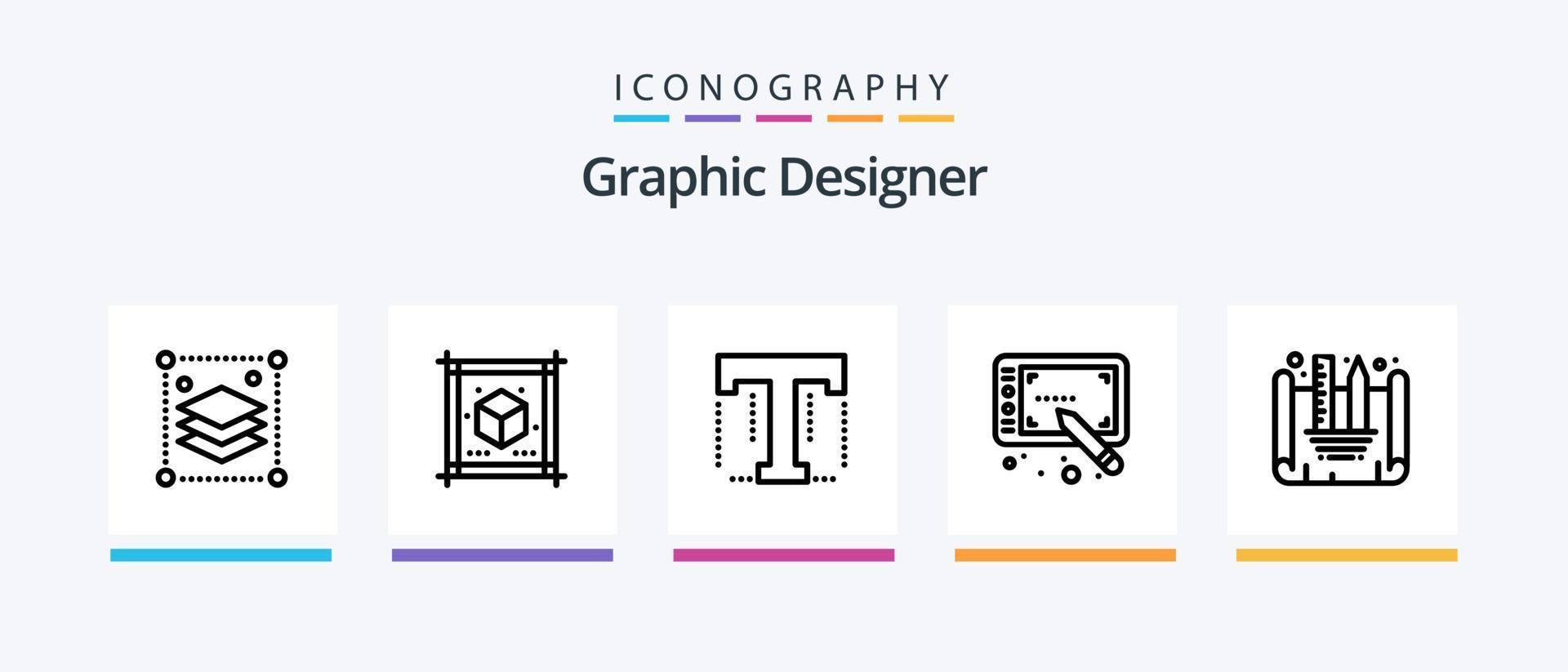 paquete de iconos de línea 5 de diseñador gráfico que incluye ilustraciones. herramienta. varios texto. página. diseño de iconos creativos vector