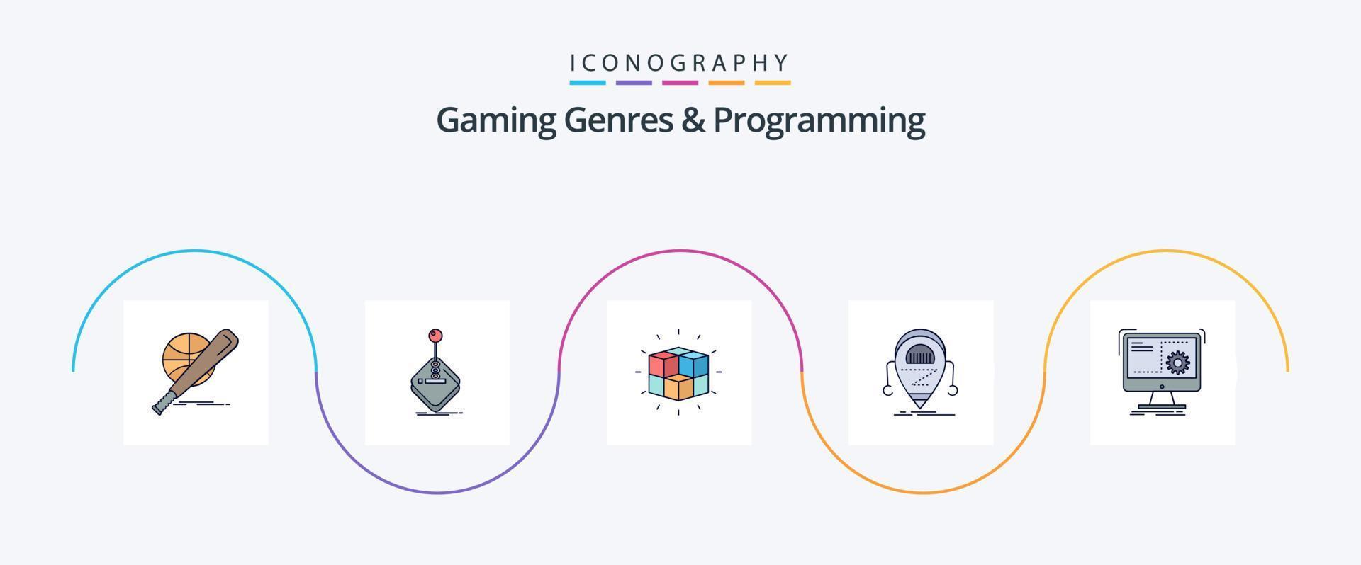Gaming Genres And Programming Line Filled Flat 5 Icon Pack Including droid. android. joystick. cube. puzzle vector
