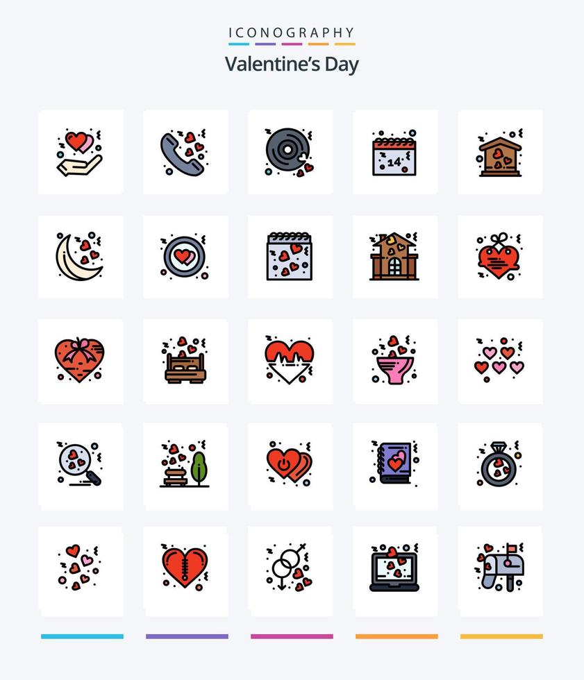 paquete de iconos llenos de 25 líneas del día de san valentín creativo, como la casa. san valentin disco. amar. calendario vector