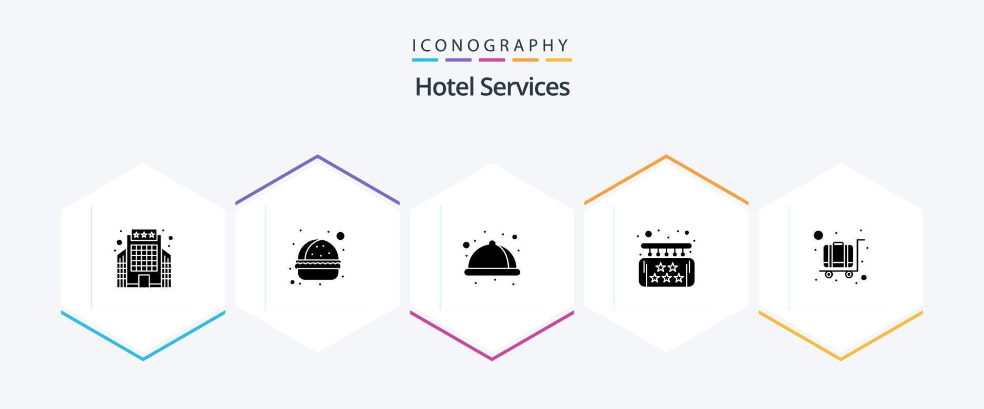 paquete de iconos de 25 glifos de servicios de hotel que incluye carrito. lujo. alimento. hotel. junta vector