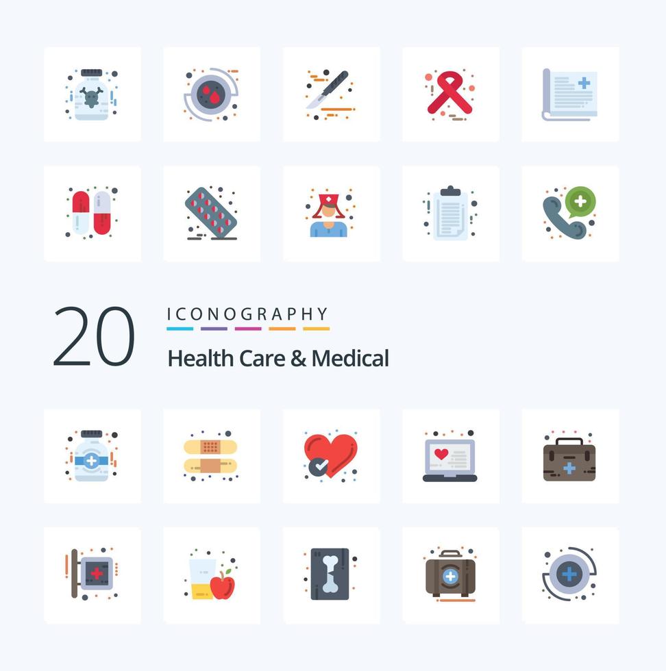 20 Health Care And Medical Flat Color icon Pack like aid online report medical like vector