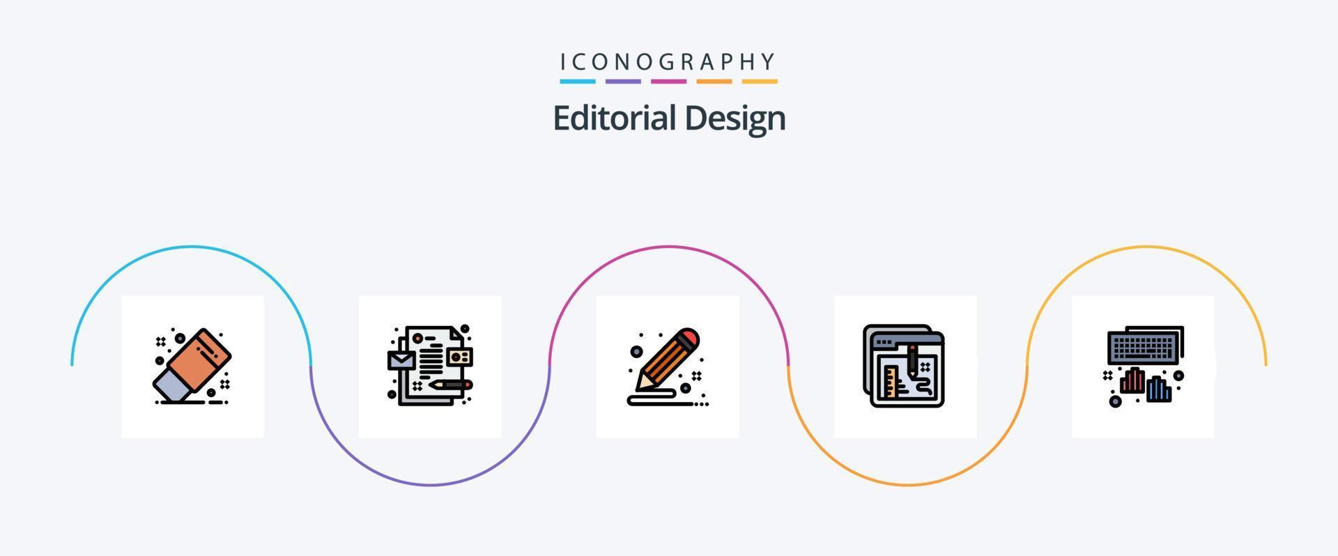 la línea de diseño editorial llenó el paquete de iconos planos 5 que incluye las manos. educación. creativo. documento. navegador vector