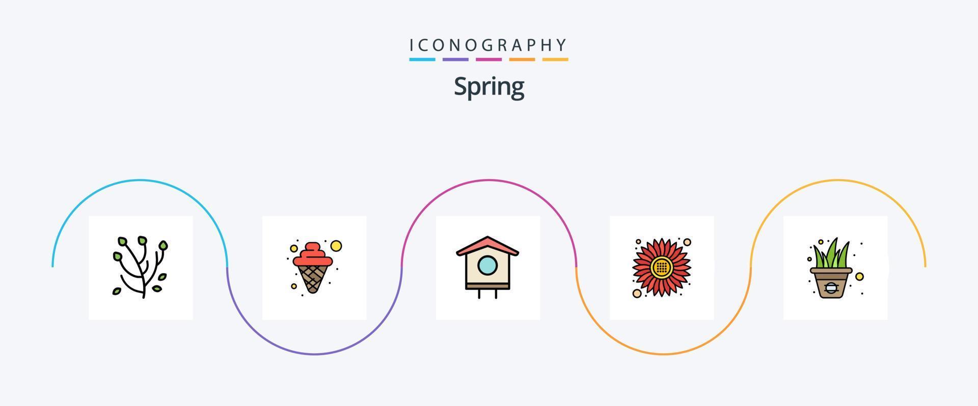 paquete de iconos de 5 planos llenos de línea de primavera que incluye maceta. jardín. pájaro. flores sol vector