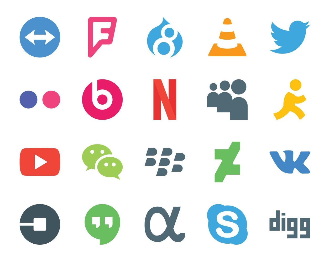paquete de 20 íconos de redes sociales que incluye blackberry wechat flickr video aim vector
