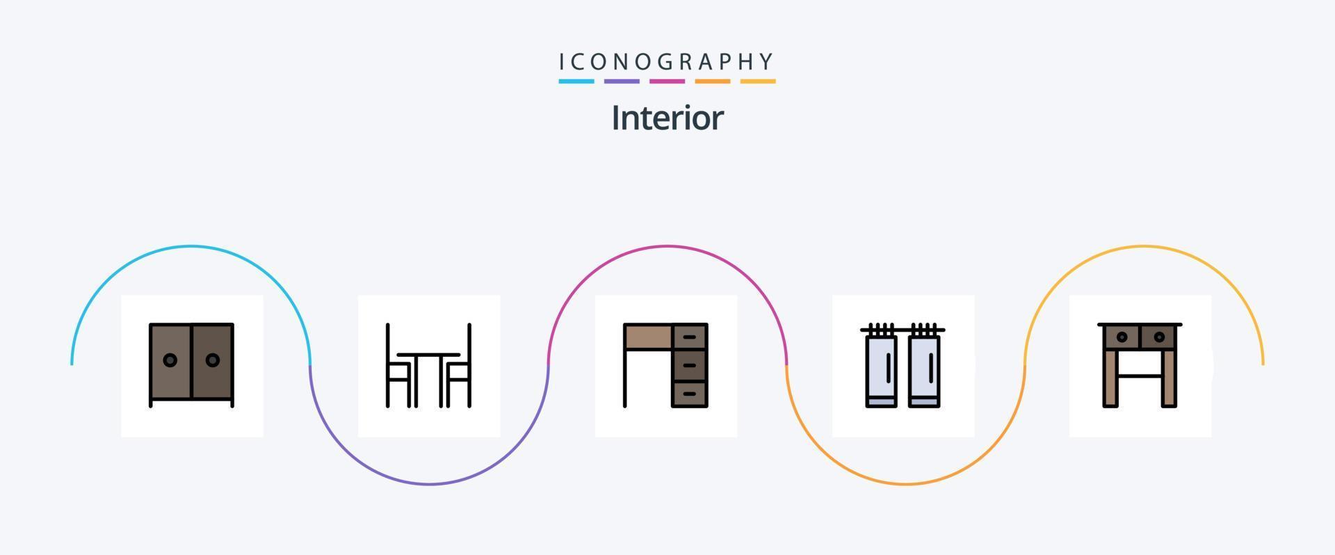 paquete de iconos de 5 planos llenos de línea interior que incluye cajón. interior. escritorio. cortinas trabajar vector