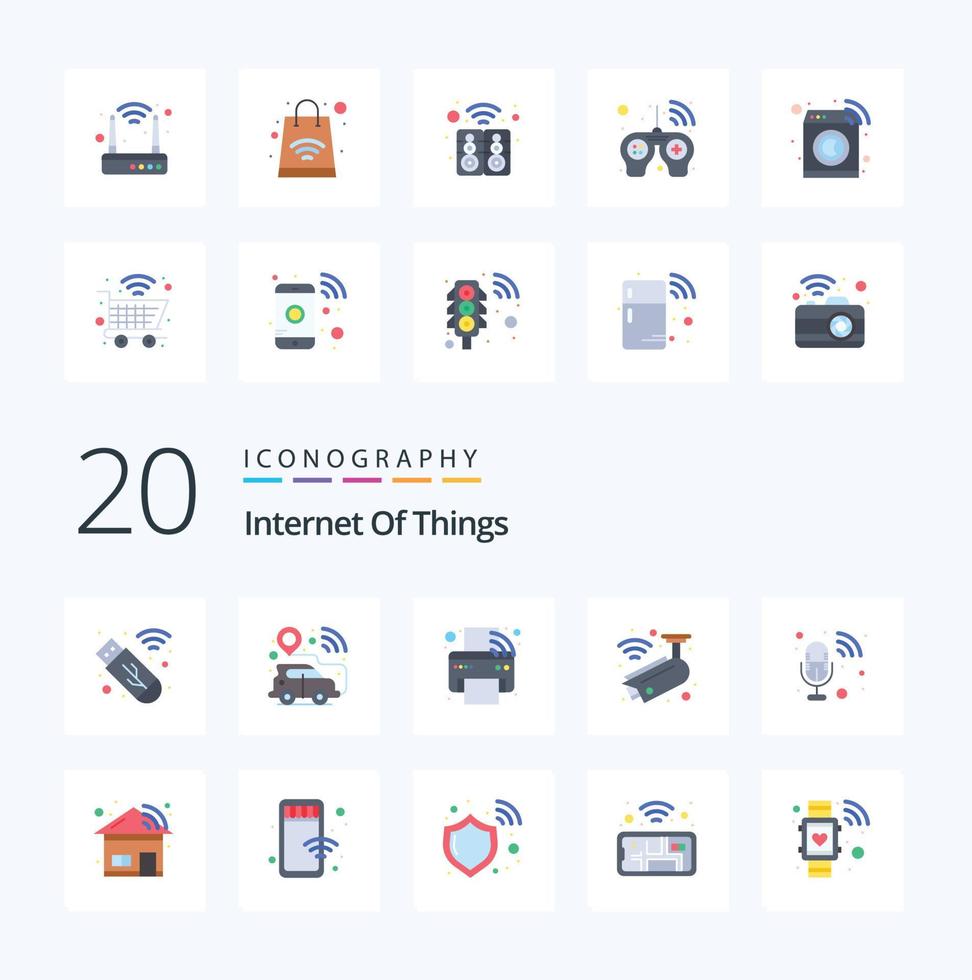 20 Internet Of Things Flat Color icon Pack like music security iot surveillance camera vector