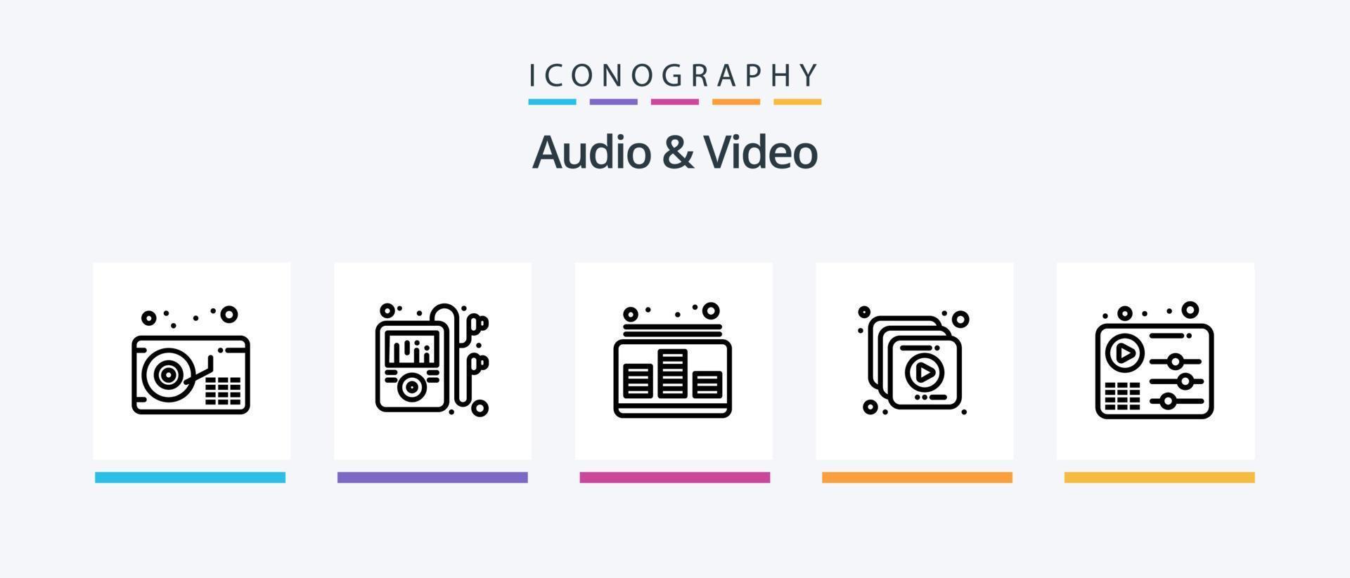 paquete de iconos de línea 5 de audio y video que incluye video. disco. película. cd. multimedia. diseño de iconos creativos vector