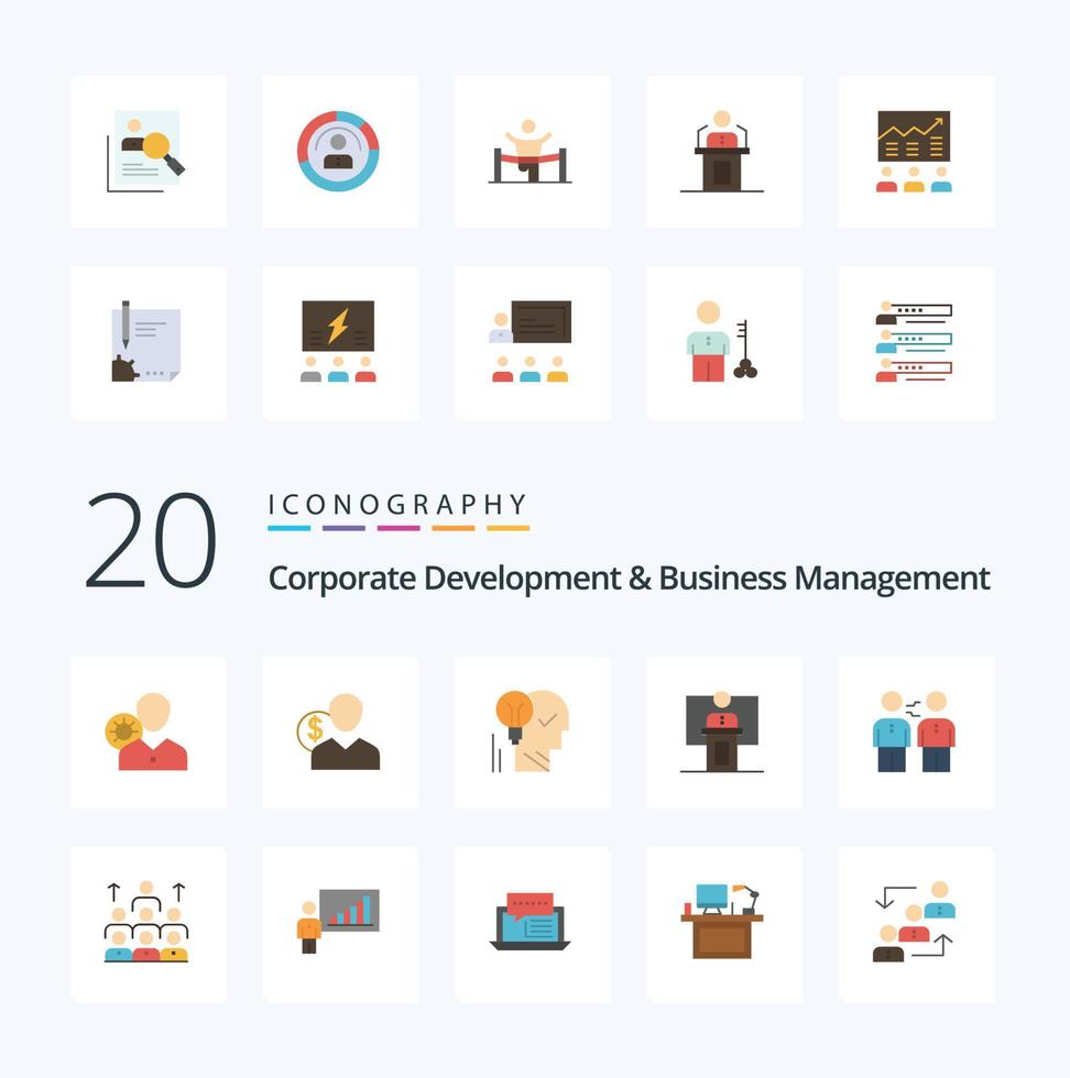 20 paquete de iconos de color plano de desarrollo corporativo y gestión empresarial como dinero creativo del usuario del cerebro de la bombilla vector