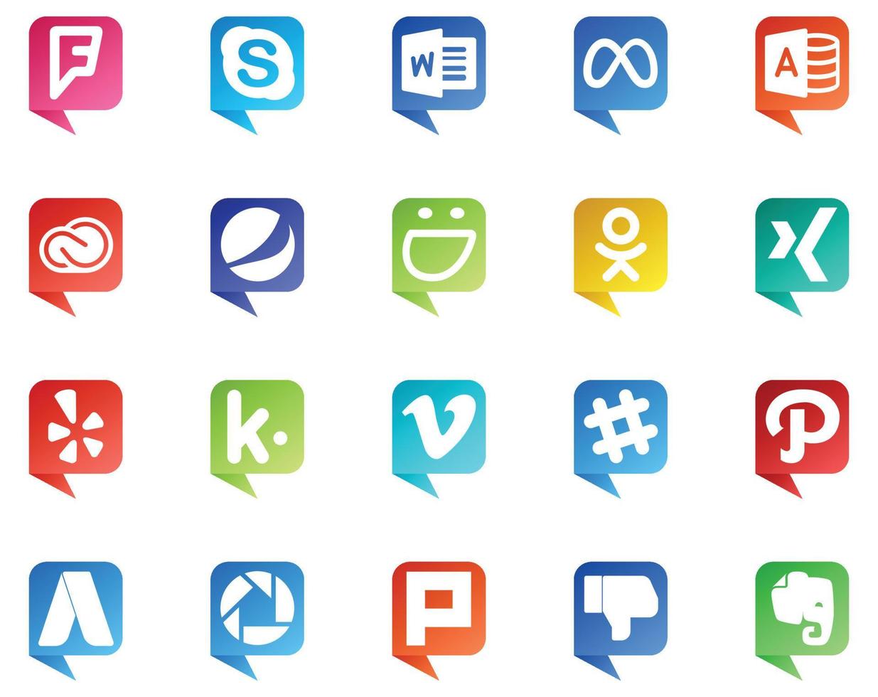 20 logotipo de estilo de burbuja de discurso de redes sociales como video kik cc yelp odnoklassniki vector