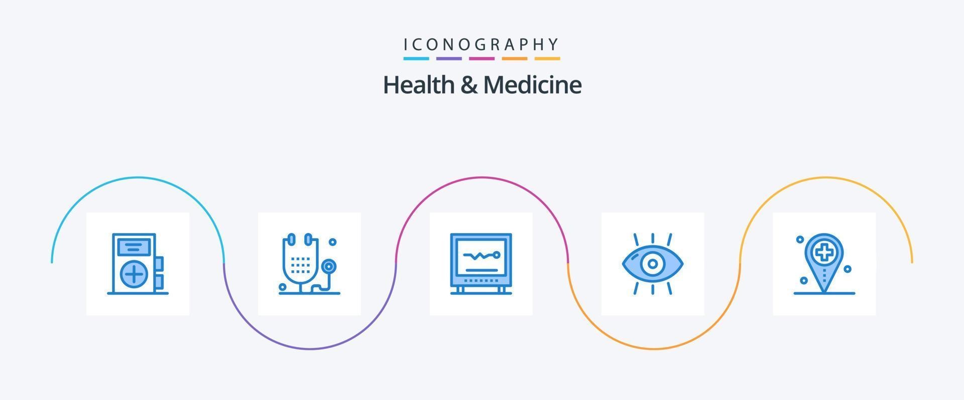Health and Medicine Blue 5 Icon Pack Including location. health. heartbeat. health. fitness vector