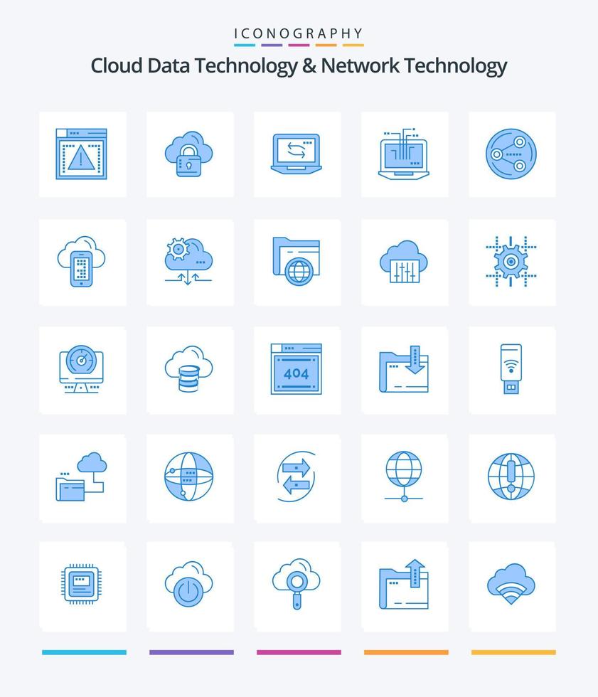 tecnología creativa de datos en la nube y tecnología de red 25 paquetes de iconos azules como la informática. medios de comunicación. computadora. social. compartir vector