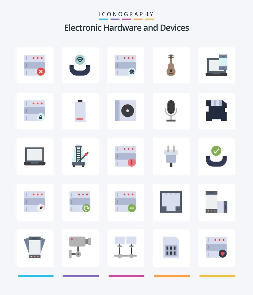 Paquete de 25 iconos planos de dispositivos creativos como macbook. dispositivos. servidor. computadora. sonido vector