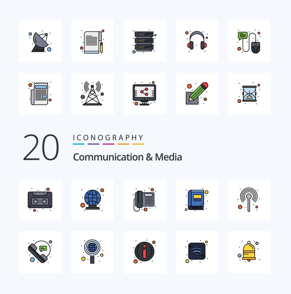 20 Communication And Media Line Filled Color icon Pack like communication record communication read book vector
