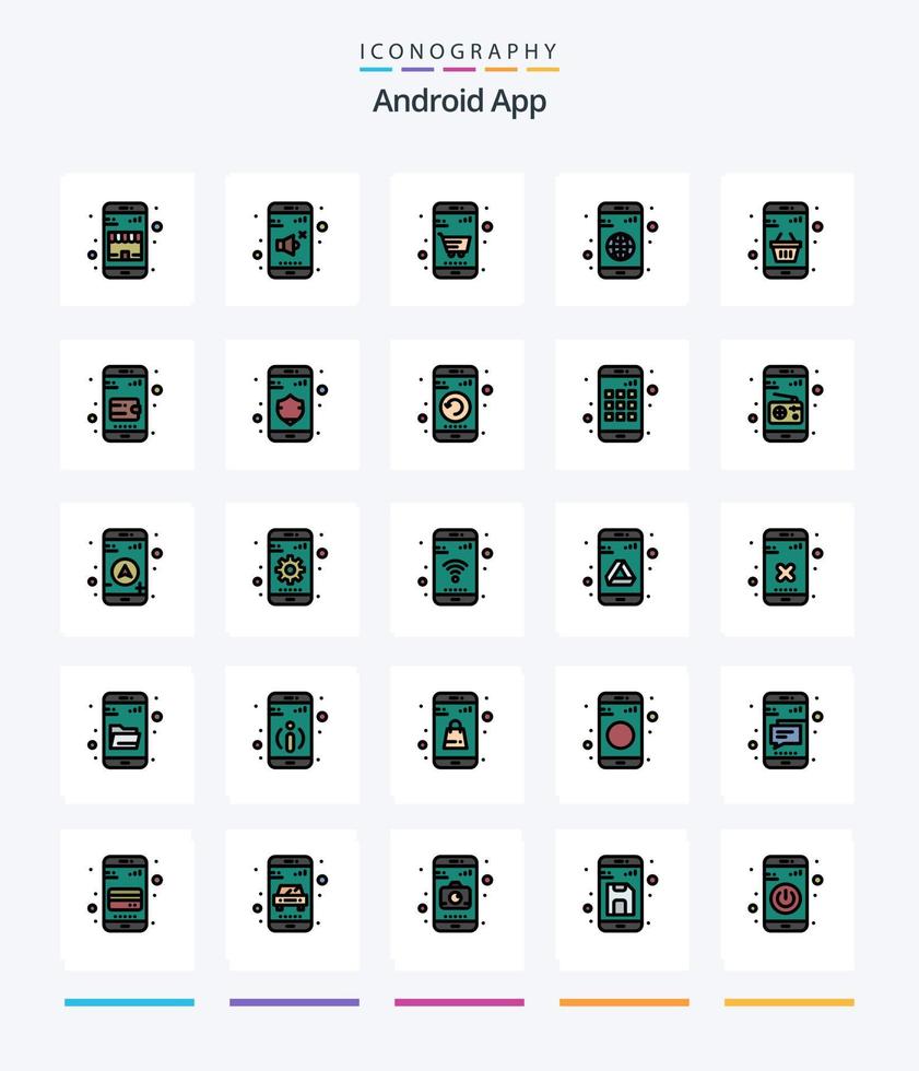 paquete de iconos llenos de 25 líneas de la aplicación creativa de Android, como comprar. móvil. cesta. globo. aplicación vector