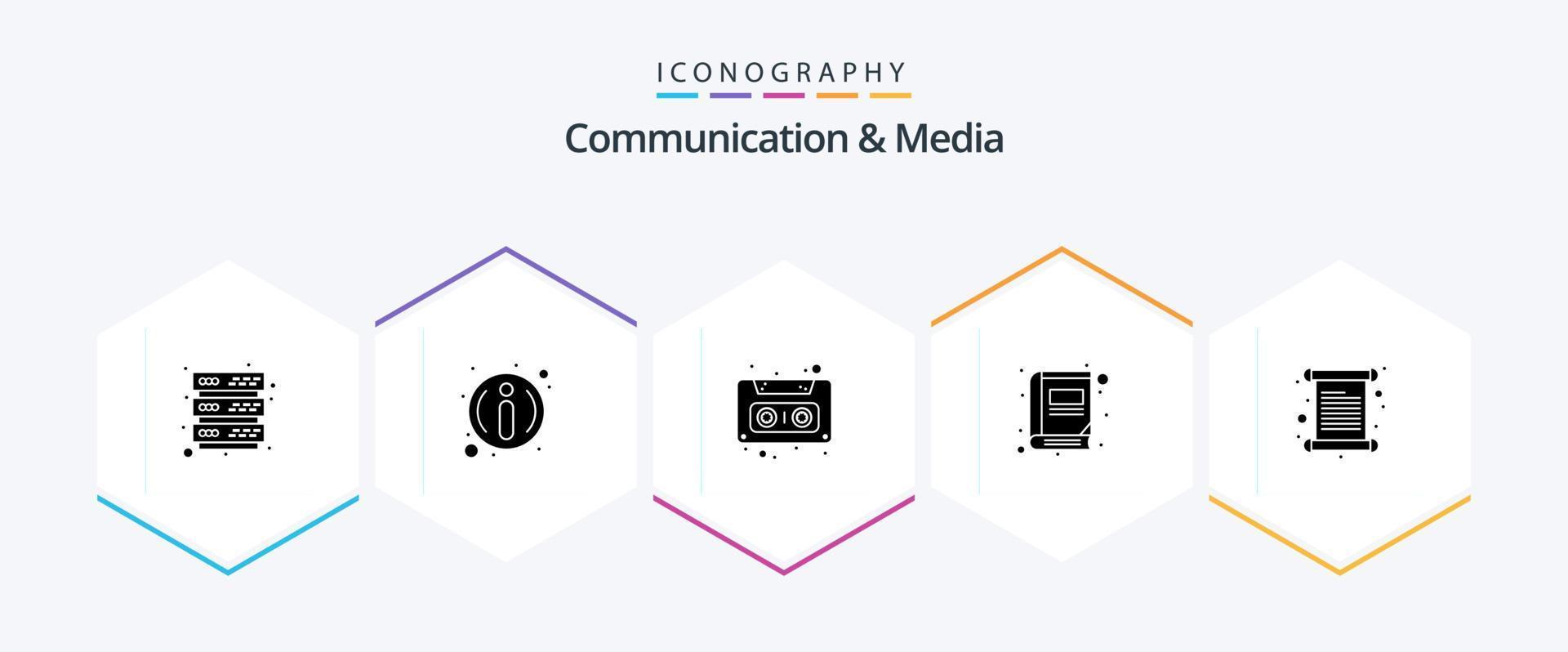 Communication And Media 25 Glyph icon pack including invoice. invitation. cassette. card. read vector