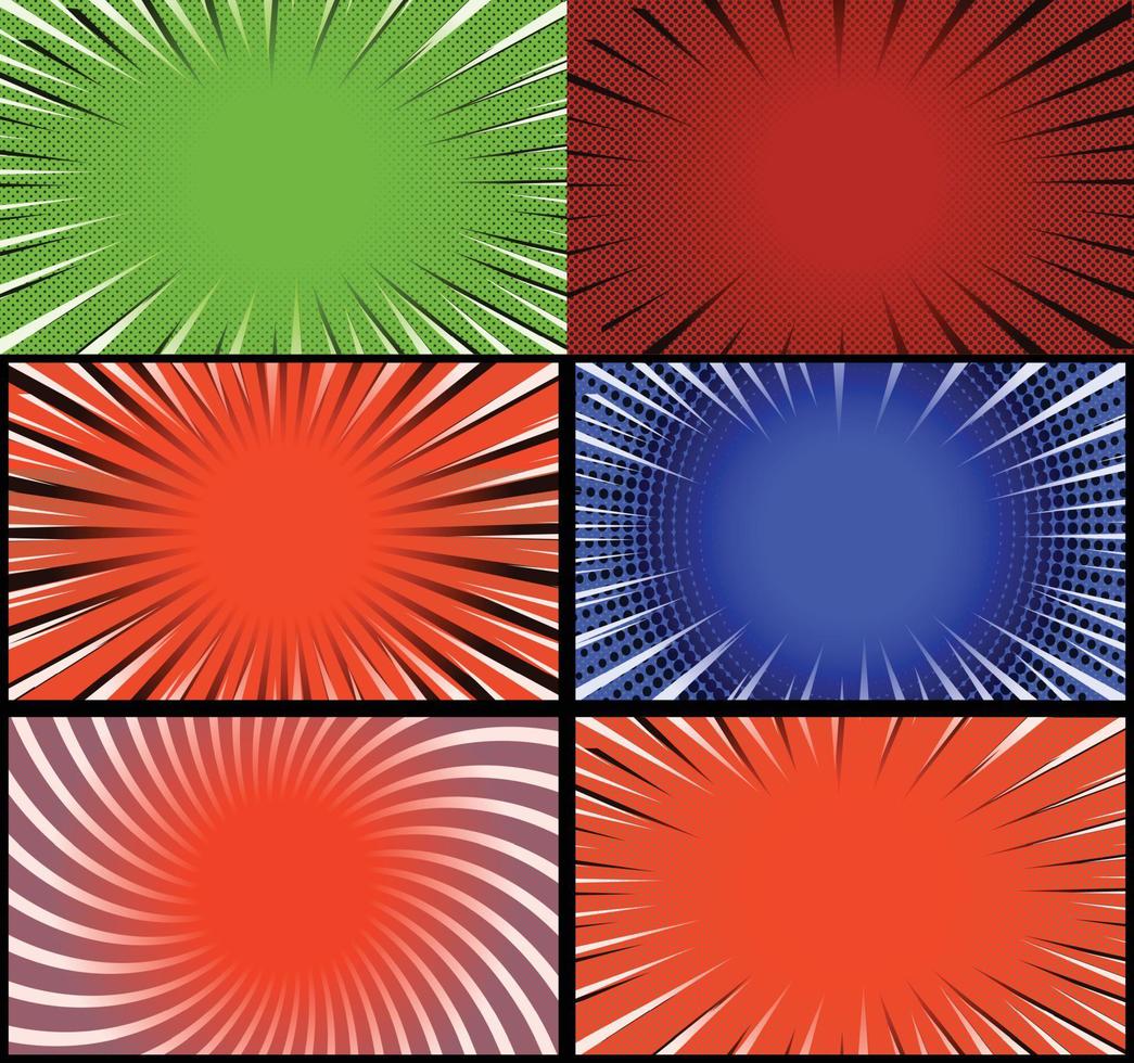 Comic book colorful frames background with halftone rays radial and dotted effects pop art style vector
