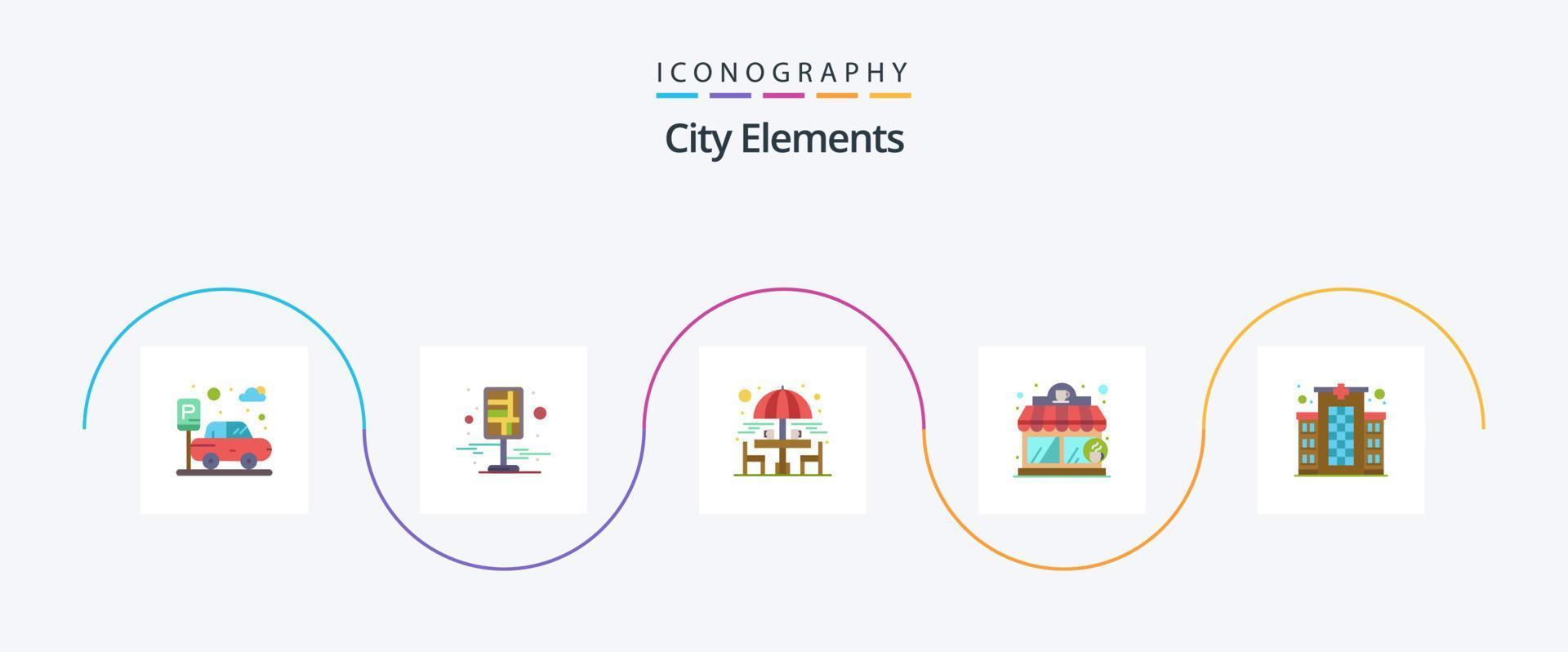 Paquete de 5 iconos planos de elementos de la ciudad que incluye hospital. edificio. silla. comercio. cafetería vector