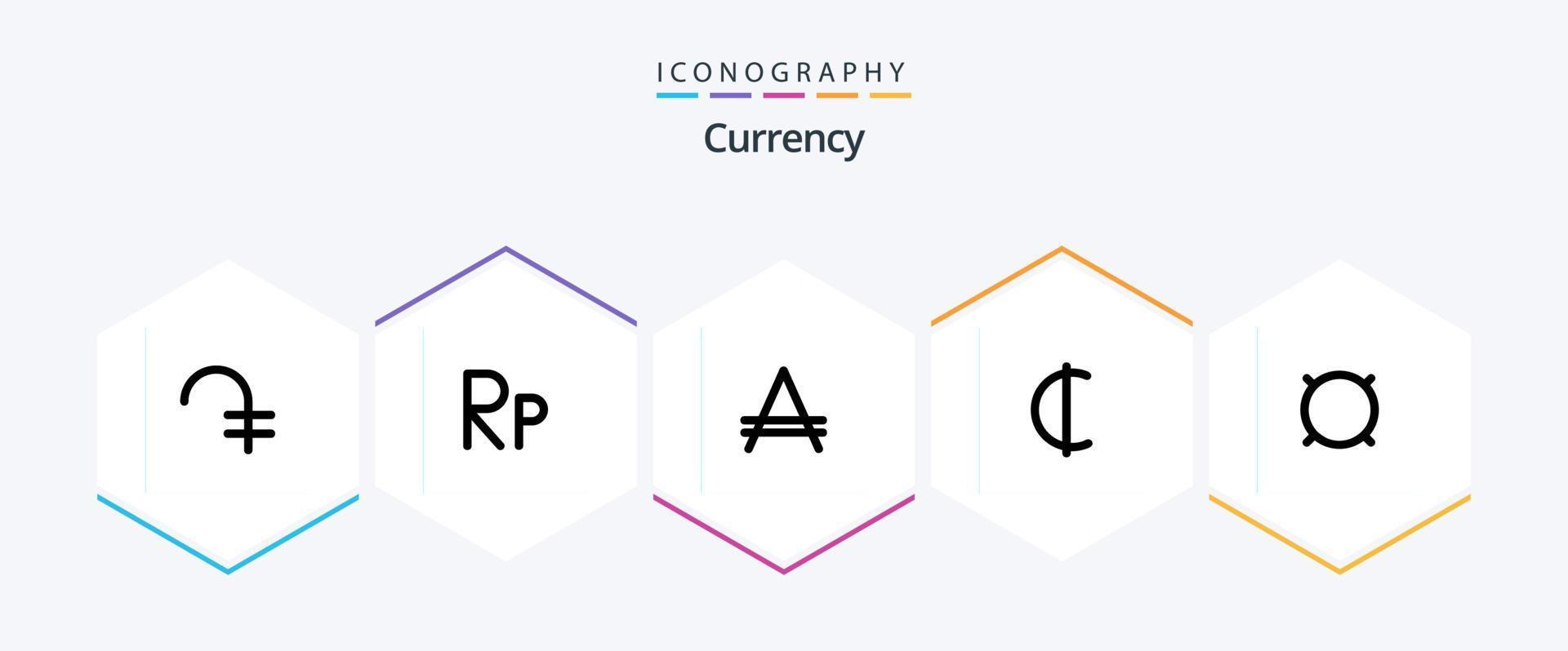 Currency 25 Line icon pack including money. cedis . rupiah. austral vector